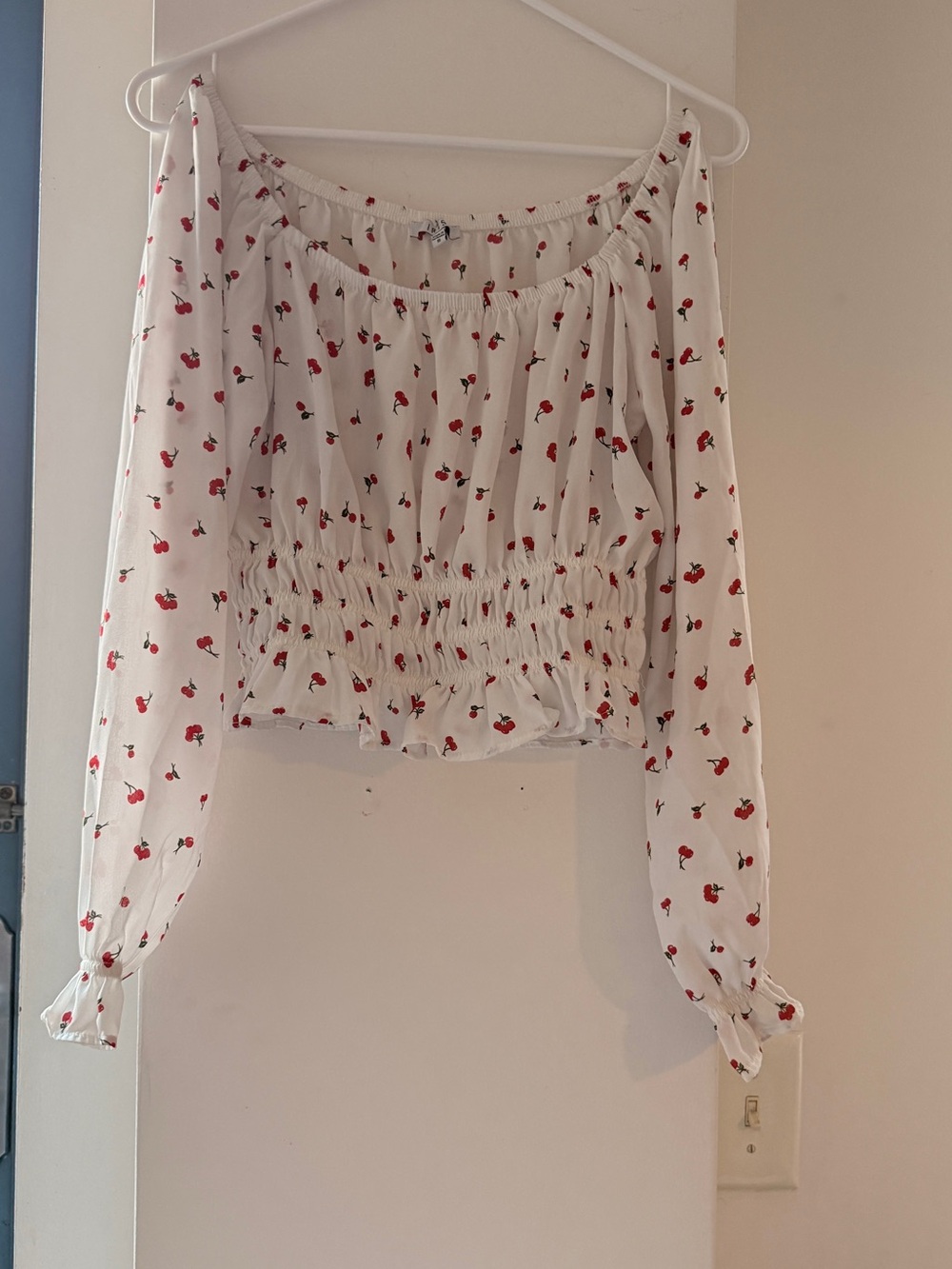 iris White Cherry-Print Smocked Peasant Blouse